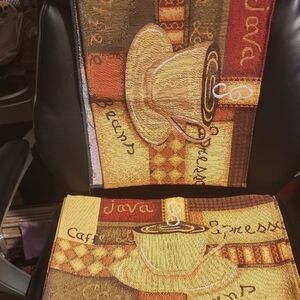 Decorative Coffee Cup Tapestry Tablerunner And 6 Place Mats